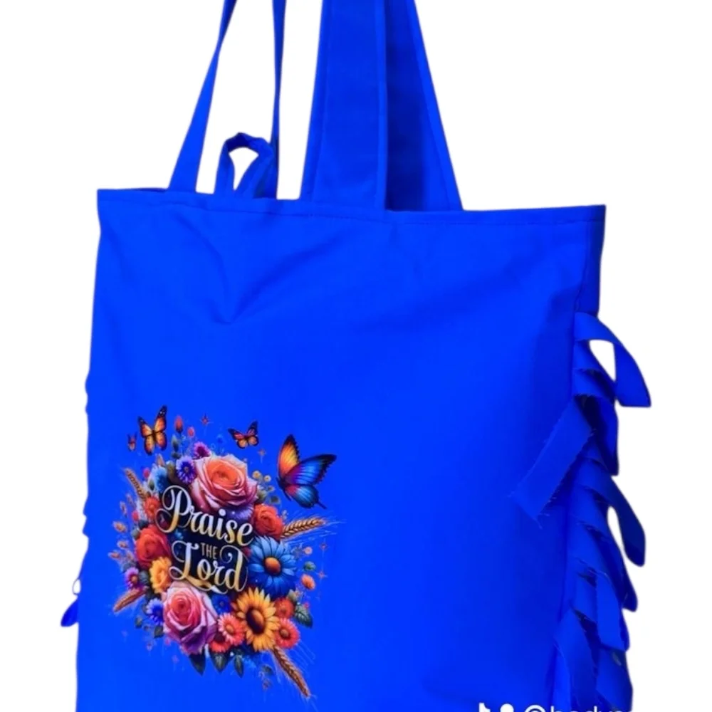 Vibrant Blue Tote Bag with Floral Embroidery